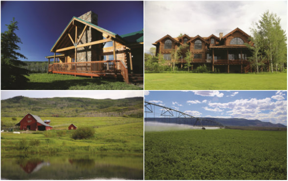 TURNKEY IMPROVEMENTS. This L.L. Bean-designed lodge serves as headquarters of the Upper Ranchâ€™s hunting operations (top). The historic barns have long been an integral element of Cross Mountain (middle). The Boeddeker family built a kid-friendly 11,000-square-foot lodge that sits at the center of the Upper Ranch (bottom left). Everything from pivots (bottom right) to employee housing and machinery is in place on the Lower Ranch.
