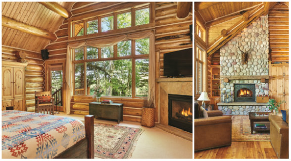 LEFT: Oversized windows invite the bright light of the Colorado Rockies. RIGHT: The floor-to-ceiling gas fireplace warms the open-concept living room.