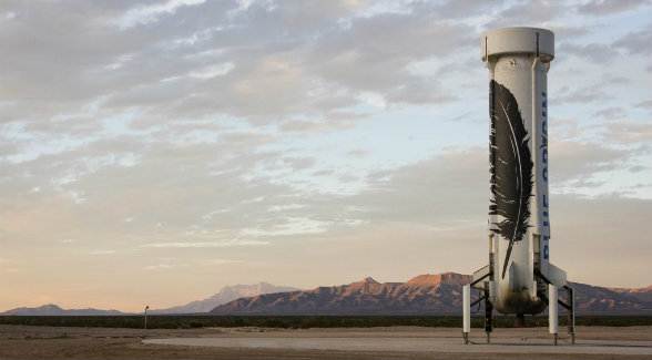New Shepard on the launch pad at Jeff Bezos’s Corn Ranch. Texas’s tallest mountain, Guadalupe Peak, looms in the distance.